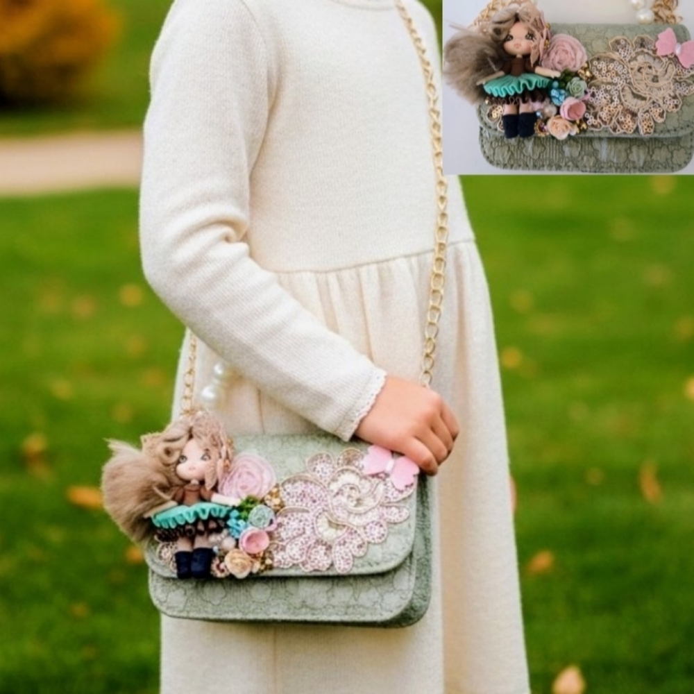 Charming Kids Floral Bag with Plush Toy - Green and Pink